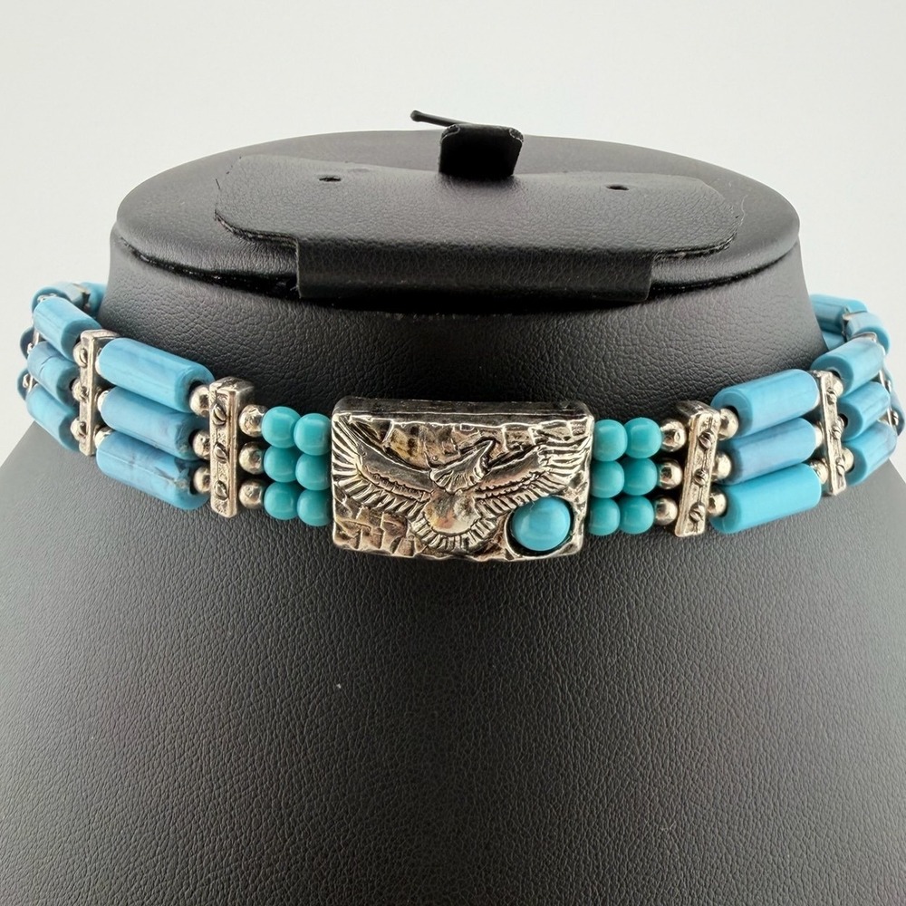 Turquoise Silver Tone Eagle Southwestern Multi Strand Choker